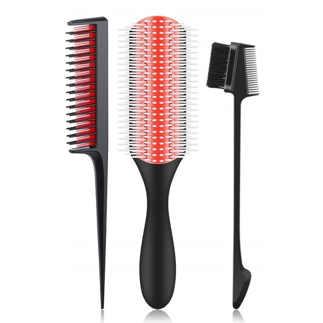 Detangling Hair Brush Detangler, 9Row Cushion Nylon Bristle ,Edge Brush, Rat Tail Comb